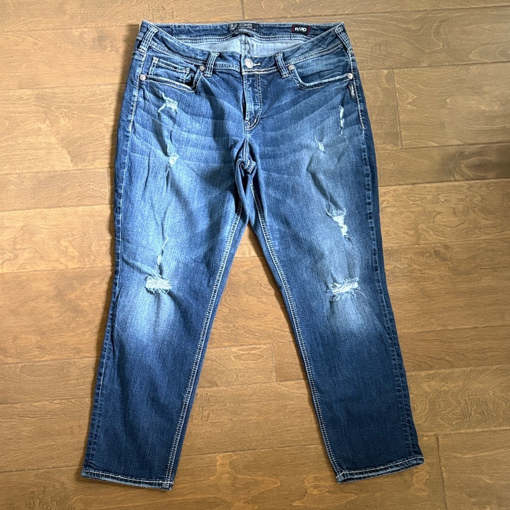 Silver Boyfriend Jeans Distressed Size 14